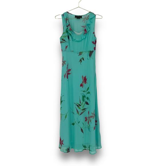 90s Carole Little Teal Blue Floral Print Ruffle Trim Maxi Dress, Size 4 - Picture 10 of 10